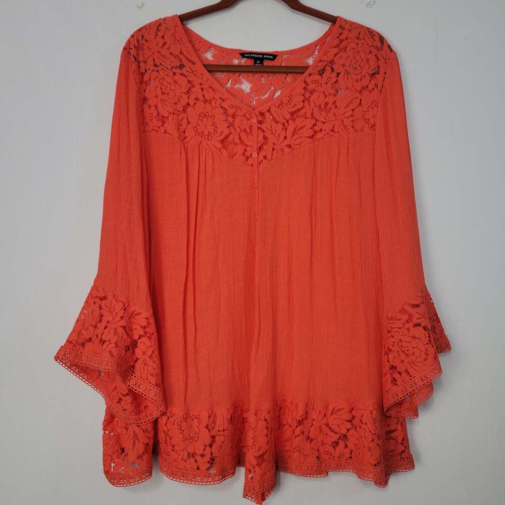 Zac & Rachel Floral Lace Crochet Trim 3/4 Sleeve Top sz 2X Red Boho Lightweight